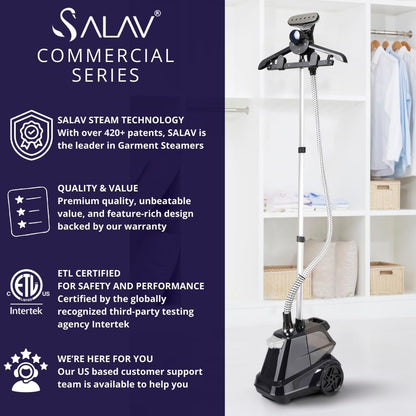 SALAV Heavy Duty Commercial Full-Size Garment Steamer with Foot Pedals and Extra Large 3L (101.5 oz) Water Tank, 1800 watts of Poweful Steam (Navy)