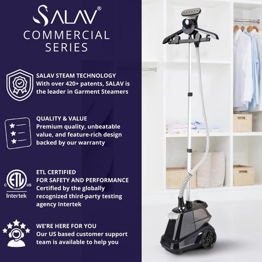 SALAV Heavy Duty Commercial Full-Size Garment Steamer with Foot Pedals and Extra Large 3L (101.5 oz) Water Tank, 1800 watts of Poweful Steam (Navy)