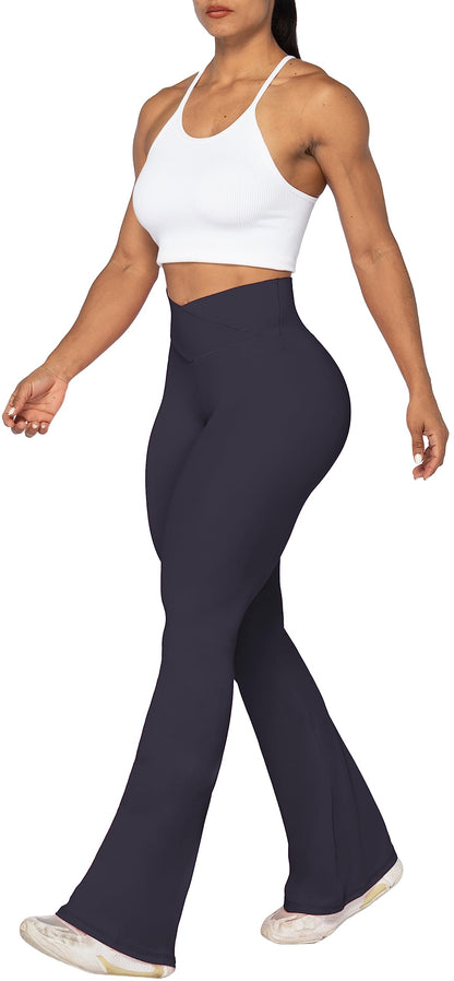 Sunzel Flare Leggings, Crossover Yoga Pants with Tummy Control, High-Waisted and Wide Leg, 30" Inseam, Graphite Small