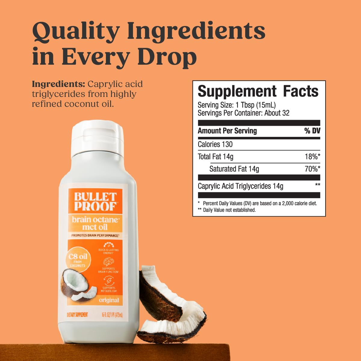 Bulletproof Brain Octane C8 MCT Oil, 16 oz – 100% Pure Coconut Oil, Triple-Distilled Keto Energy Supplement for Coffee & Smoothies, Unflavored, No Additives or Fillers, Non-GMO