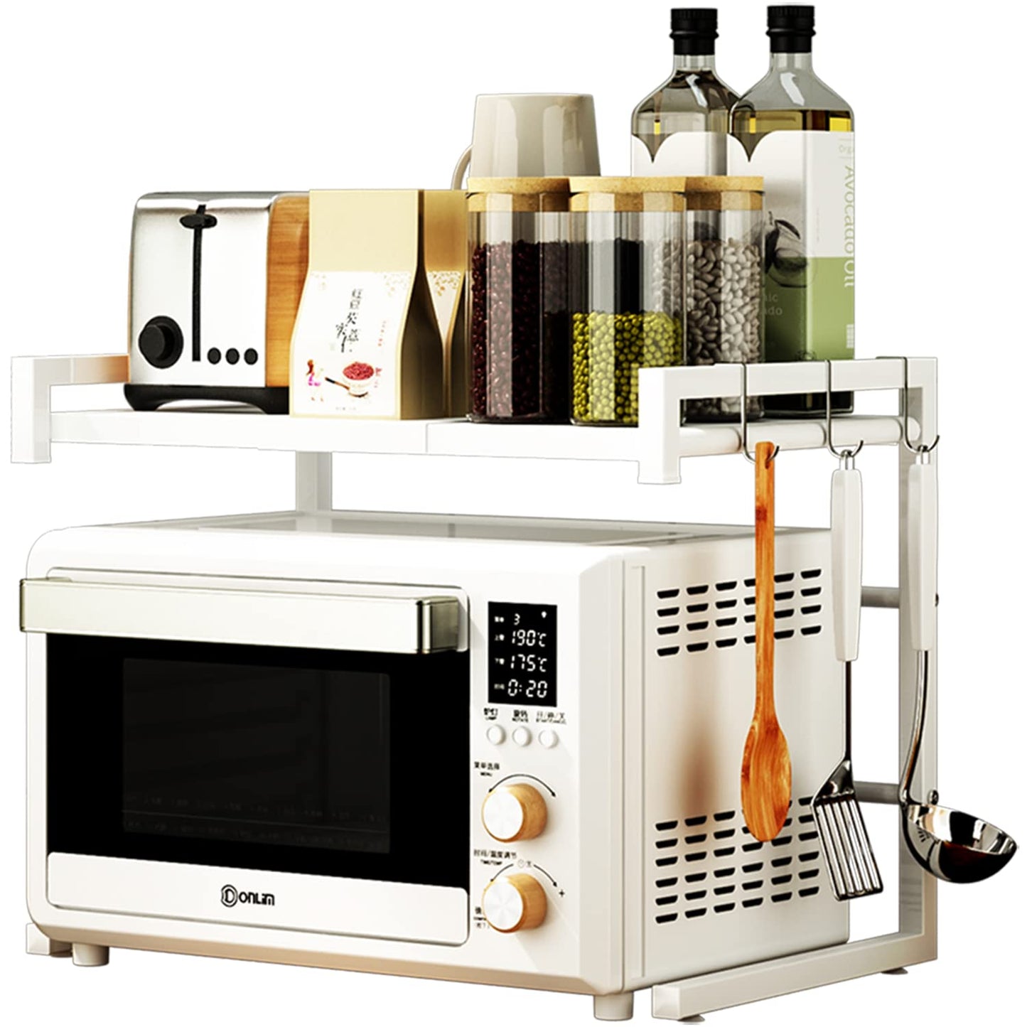PUSDON Adjustable Carbon Steel Microwave Oven Rack, 2-Tier with 3 Hooks, 55lbs Weight Capacity, White
