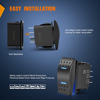 Nilight Waterproof Rocker Switch Toggle ON/Off/ON DPDT 7Pin 12V 24V Jumper Wires Winch Pump for Cars Trucks Caravans Boats RV SUV ATV UTV