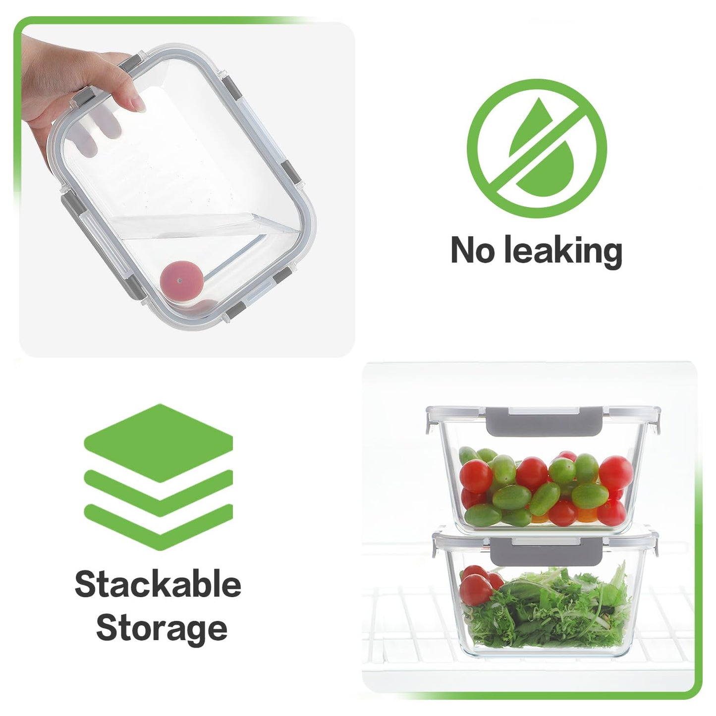 HOMBERKING 4 Pieces 63oz/8cup Large Glass Food Storage Containers with Lids, Meal Prep Containers, Airtight Bento Boxes with Leak Proof Locking (2 Containers 2 Lids), Microwave,Oven,Fridge Safe-Grey