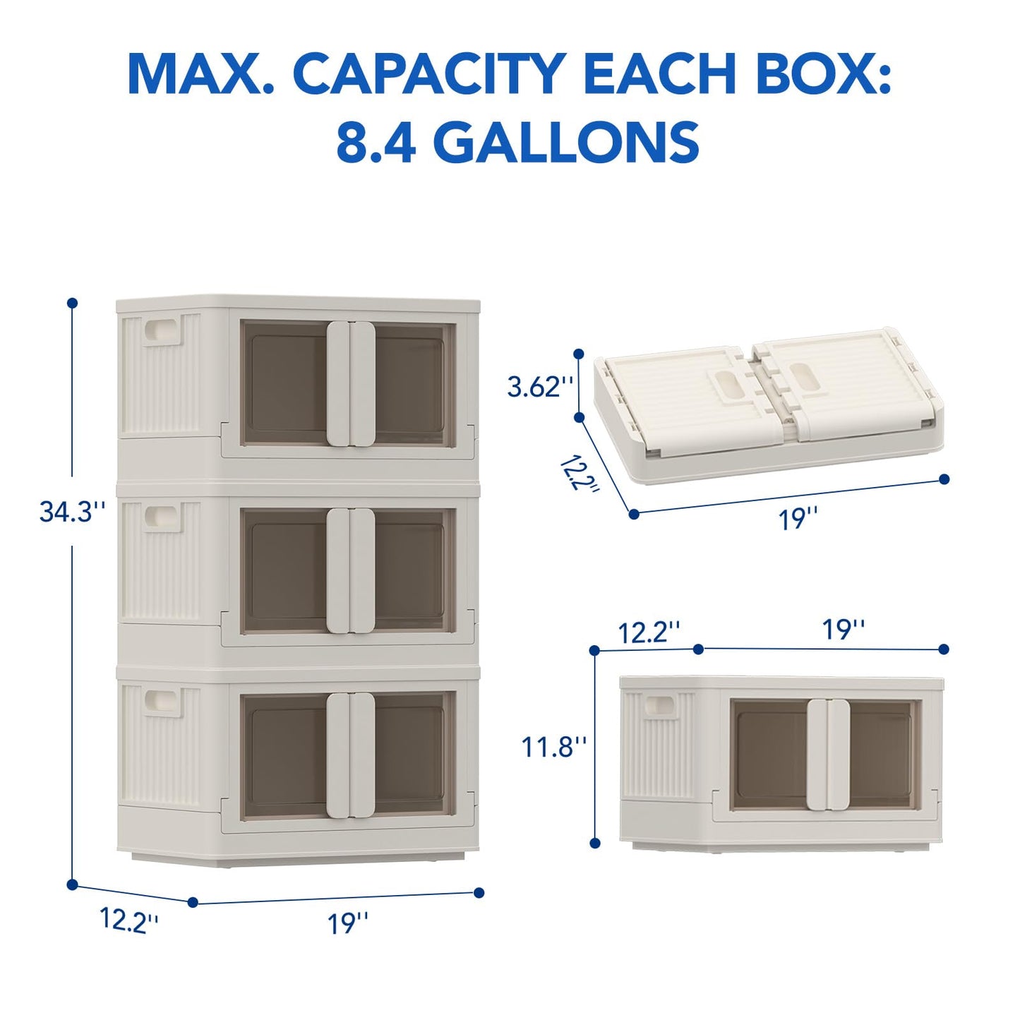 FLEXIMOUNTS Stackable Storage Bins With Lids, Collapsible Plastic Storage Bins, 110 QT-3 Pack Closet Organizers and Storage Containers with Doors For Home, Milky White, 19" L x 12.2" W x 34.3" H