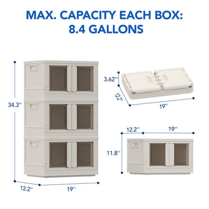 FLEXIMOUNTS Stackable Storage Bins With Lids, Collapsible Plastic Storage Bins, 110 QT-3 Pack Closet Organizers and Storage Containers with Doors For Home, Milky White, 19" L x 12.2" W x 34.3" H