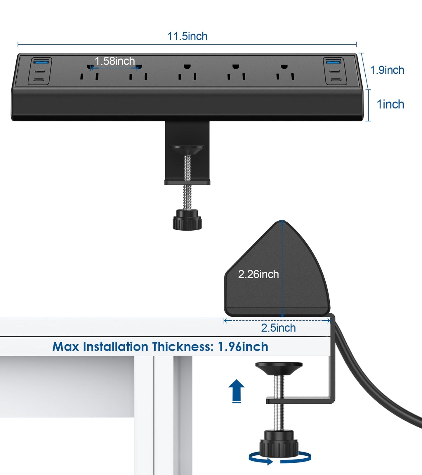 Desk Clamp Power Strip USB C,40W Total Fast Charging Station,4 PD 20W USB C Ports,Desk Edge Mount Power Strip 6 USB Ports 5 AC Outlets Surge Protector,6ft Cord,Fit 1.96" Tabletop Edge