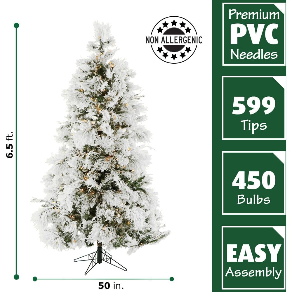 Fraser Hill Farm 6.5-Feet Pre-Lit Snow Flocked Snowy Pine Artificial Christmas Tree with Warm White LED String Lights, Full Silhouette, Realistic Foliage, Stand Included