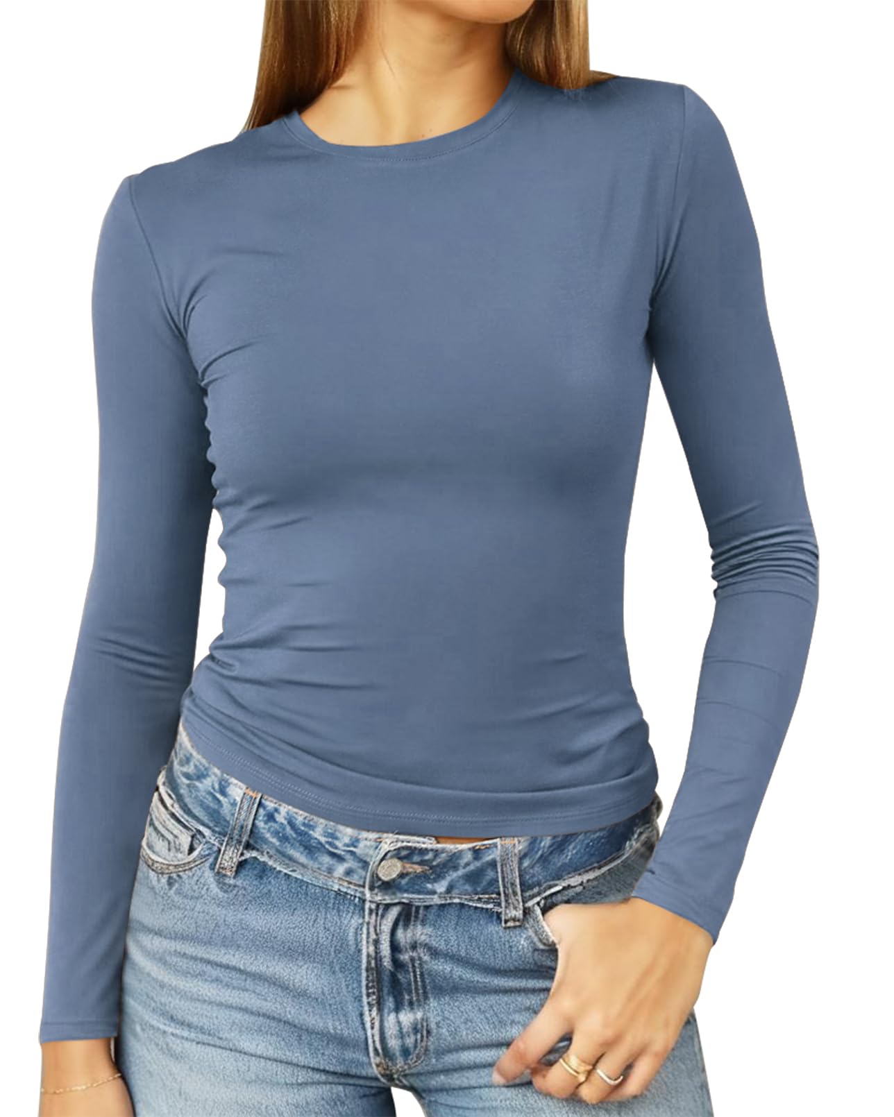 Abardsion Women's Long Sleeve Shirts Spring 2026 Casual Basic Going Out Crop Tops Slim Fit Tight Y2K Clothes(Haze Blue, S)