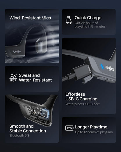 SHOKZ New OpenRun Pro 2 - Open-Ear, Bone Conduction Sport Headphones - with Reflective Strip - Sweat Resistant, Workout Headphones - Secure, Wireless, Comfortable Fit-Deep Bass and Smart Mic App