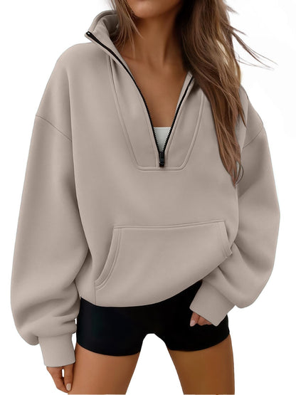 Trendy Queen Sweatshirts Half Zip Pullover Quarter Zip Oversized Hoodies Sweaters Comfy Fall Outfits 2024 Y2K Winter Clothes CoffeeGrey M