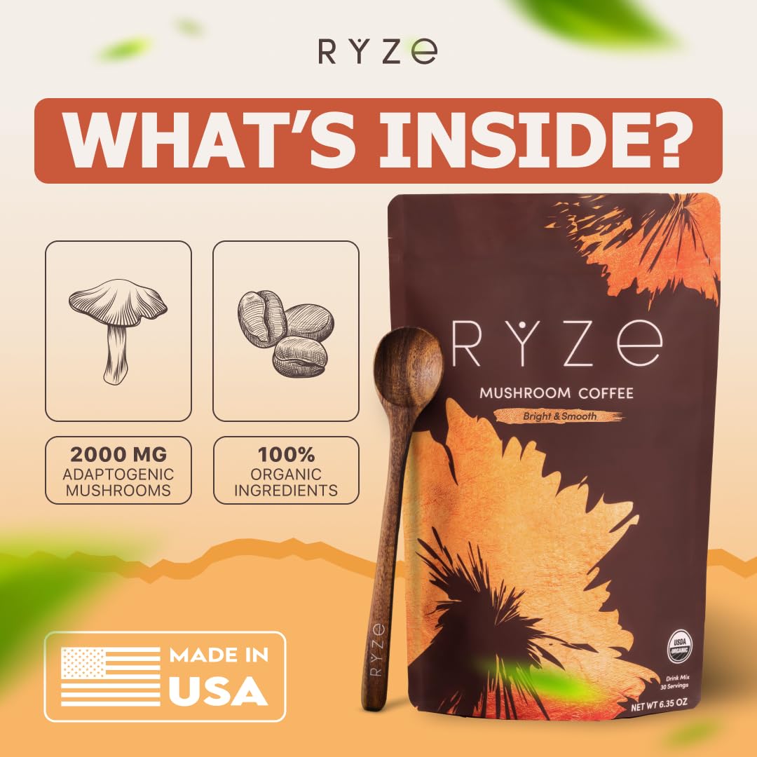 RYZE SUPERFOODS Mushroom Medium Roast Coffee USDA Organic with 6 Adaptogenic Mushrooms, USA Grown Instant Coffee for Better Energy, Focus Digestion Immunity with Lions Mane & Turkey Tail 30 Servings