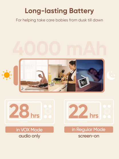 bonoch 4.3" Baby Monitor with 2 Cameras, 720p Split Screen Monitor with Camera and Audio, 28hour Battery, Video Baby Monitor No WiFi, VOX Mode, 2 Way Audio, Auto Night Vision, 2X, 3X, 4X Zoom