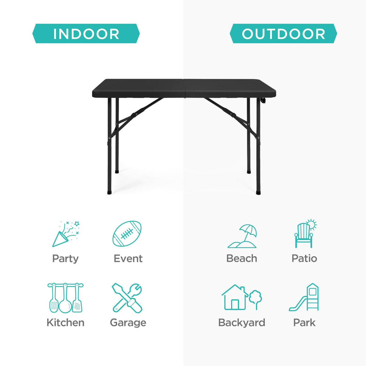 Best Choice Products 4ft Plastic Folding Table, Indoor Outdoor Heavy Duty Portable w/Handle, Lock for Picnic, Party, Camping - Black