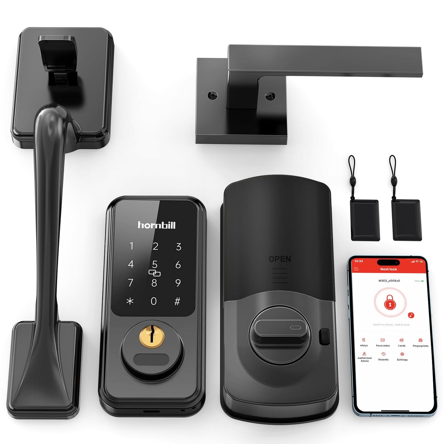 Keyless Entry Door Lock with Handle, Hornbill Smart Front Door Lock Set, Electronic Keypad Deadbolt Lock, Alexa Front Door Handle Set, Digital Lock via Bluetooth APP/Keyfob/Auto Lock-Matte Black