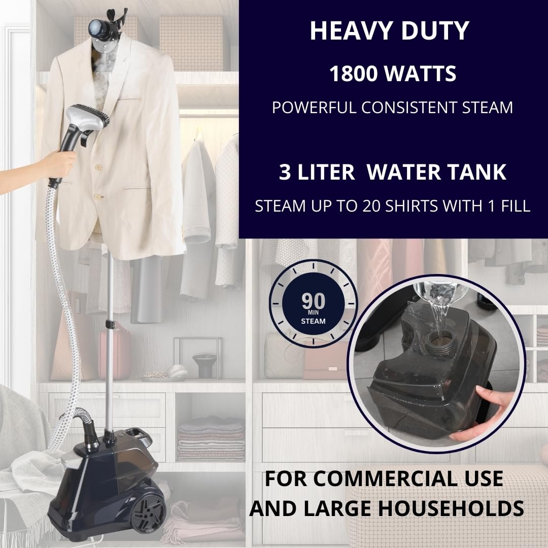 SALAV Heavy Duty Commercial Full-Size Garment Steamer with Foot Pedals and Extra Large 3L (101.5 oz) Water Tank, 1800 watts of Poweful Steam (Navy)