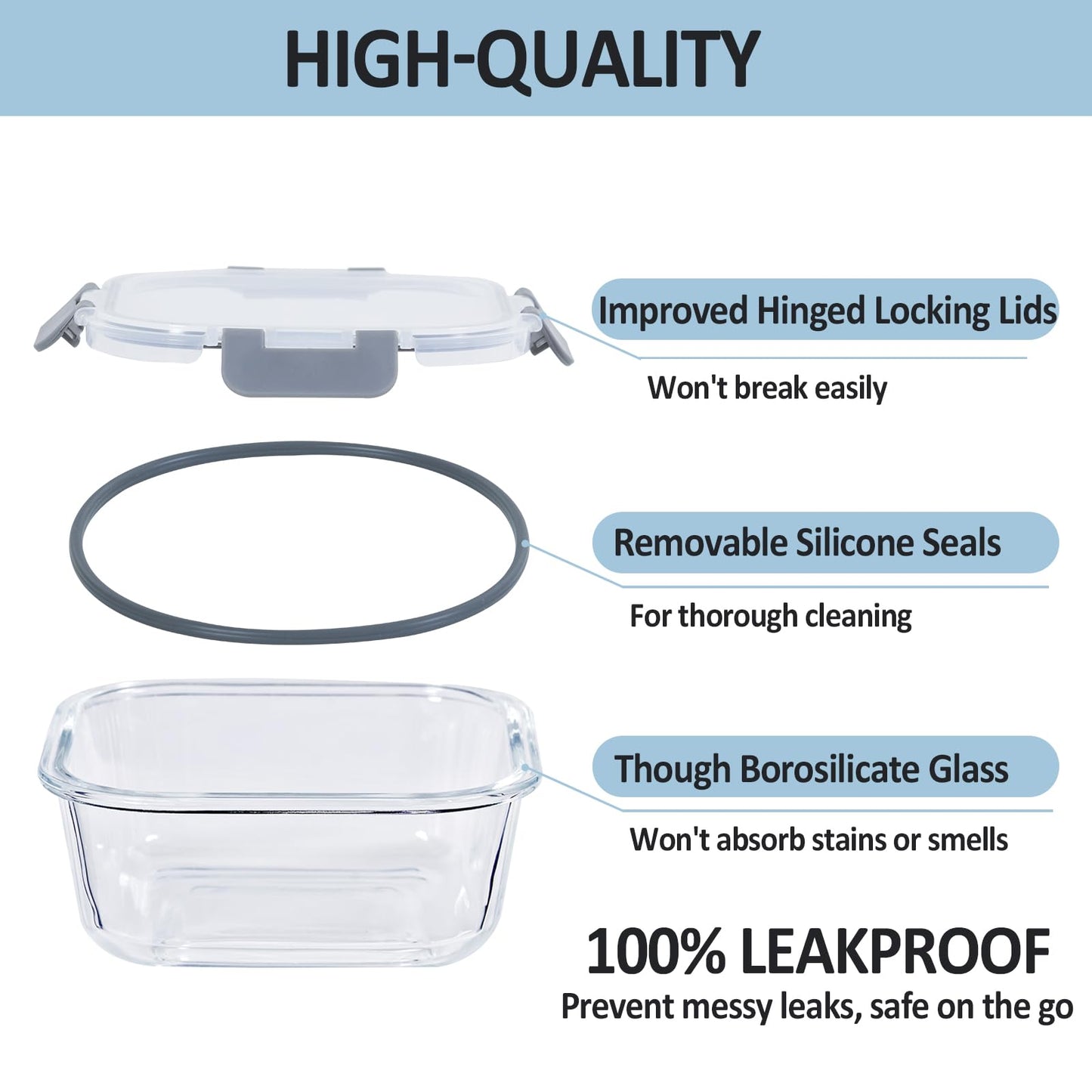 ROSOS Glass Food Storage Containers with Lids Upgraded Airtight, 4 Pack Glass Storage Containers with Lids, Not Easy Broken & Leak Proof, Glass Containers with Lids for Oven/Dishwasher Safe, Grey