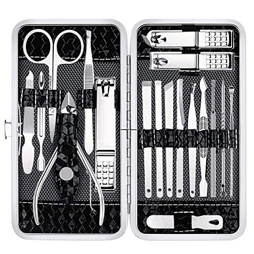 Yougai Manicure Set 18 Pieces Professional Nail Clippers Pedicure Kit Men Women, Stainless Steel Fingernail Toenail Cutters, Nail Care Grooming Tools with Leather Travel Case