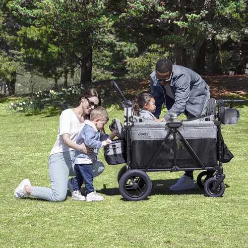 Jeep Wrangler Deluxe 4 Seater Stroller Wagon by Delta Children - Premium Quad Stroller Wagon for 4 Kids with Convertible Seats, Adjustable Push/Pull Handles, Removable Canopy & Flat Fold, Grey