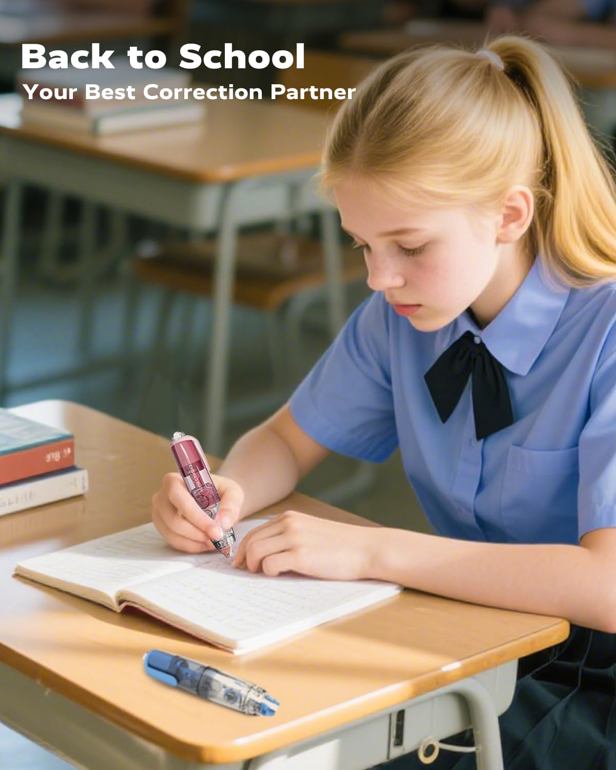 Four Candies Refillable Retractable White Correction Tape, 2PCS White Cute Smooth Push Pull Out Tape with 4 Extra Refills, Aesthetic Pen Shaped Applicator for School Office Supplies (Pink Apricot)