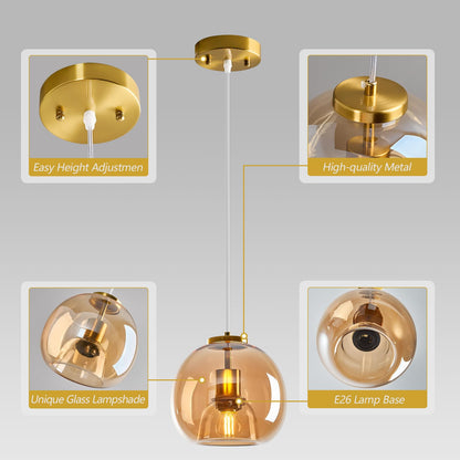LBSQJ Amber Glass Pendant Lights Kitchen Island Gold Hanging Light Fixture Glass Globe Pendant Light Modern Pendant Lighting for Kitchen Island Bedroom Dining Room (7.87", 1 Pack)