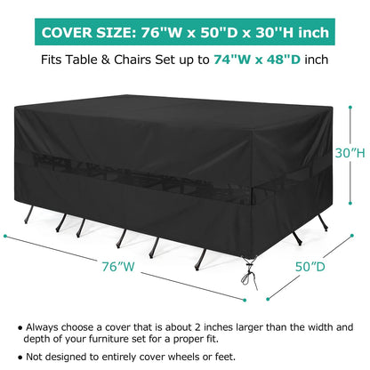 SunPatio Patio Furniture Covers Waterproof, Rectangular Table and Chairs Set Cover, Outdoor Furniture Set Cover with Drawstrings and Taped Seams, All Weather Protection, 76"W x 50"D x 30"H, Black