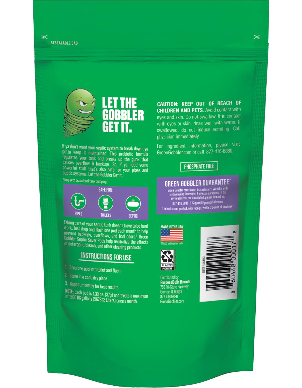 Green Gobbler Septic Tank Treatment Packets, 12 Month Supply - Natural Bacteria to Prevent Costly Septic Issues, Back-Ups, Foul Odor | Pod: Color May Vary