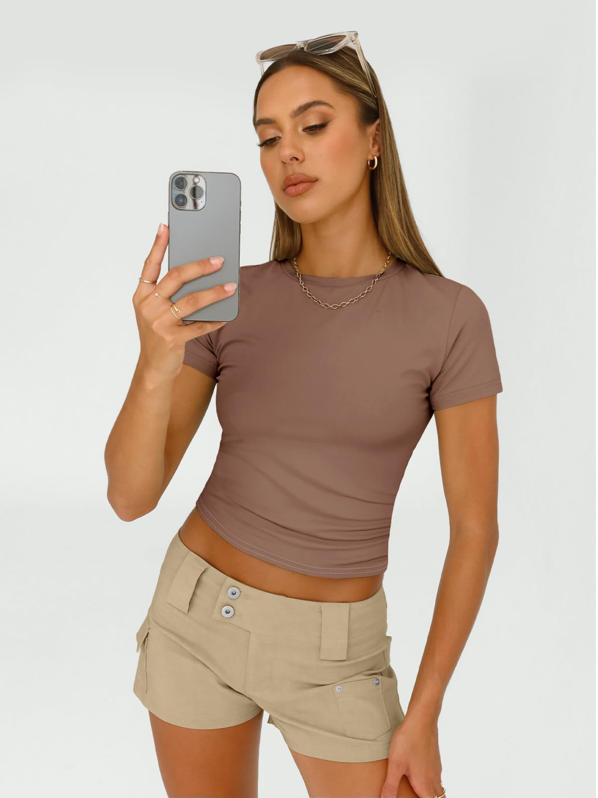 AUTOMET Womens 3 Piece Short Sleeve Shirts Basic Going Out Slim Fitted Crop Tops 2026 Summer Y2k Spring Clothes Black,White,Coffee M
