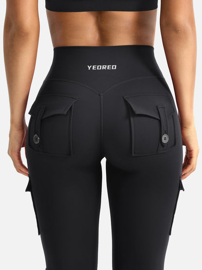 YEOREO CoreFlex Women Workout Flare Leggings with Pockets Hidden Scrunch High Waisted Cargo Gym Yoga Leggings Black M