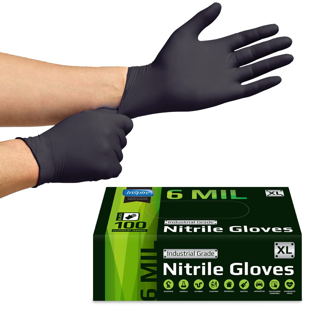 Inspire Black Nitrile Gloves HEAVY DUTY 6 Mil Nitrile Chemical Resistant Medical Cooking Cleaning Disposable Black Gloves (Large, 100, Count)