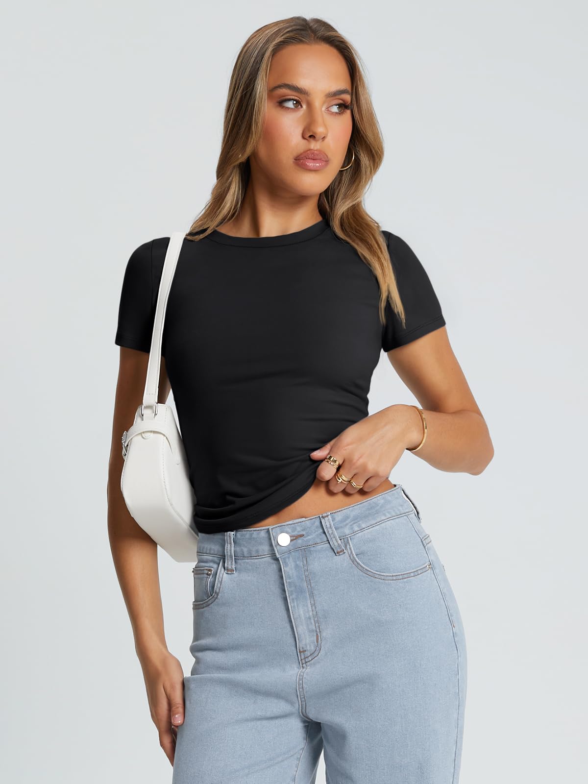 Trendy Queen Womens Stretchy Soft Opaque Basic T Shirts - Slim Fit Short Sleeve Y2k Cute Summer Crop Workout Tops Black M