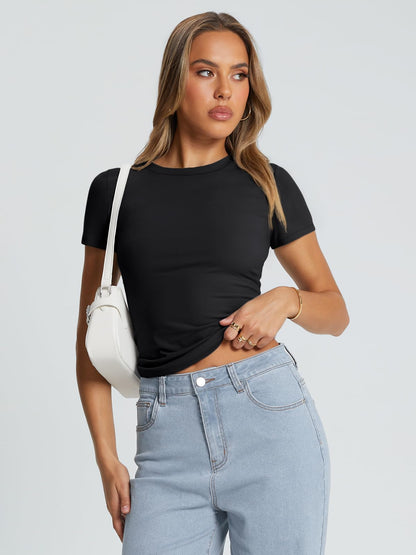 Trendy Queen Womens Stretchy Soft Opaque Basic T Shirts - Slim Fit Short Sleeve Y2k Cute Summer Crop Workout Tops Black M