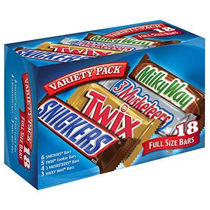 Mars SNICKERS, TWIX, MILKY WAY & 3 MUSKETEERS Individually Wrapped Variety Pack Full Size Milk Chocolate Candy Bars Bulk Assortment, 33.31 oz, 18 Bars