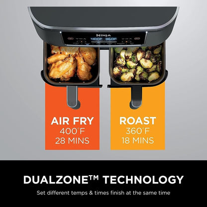 Ninja DZ201 Foodi 8 Quart 6-in-1 DualZone 2-Basket Air Fryer with 2 Independent Frying Baskets, Match Cook & Smart Finish to Roast, Broil, Dehydrate & More for Quick, Easy Meals, Grey