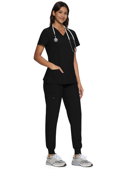 floralhue Scrubs for Women, Women's Medical Scrub Sets, V-Neck Scrubs Top & Cargo Pants with 12 Pockets, Black, M