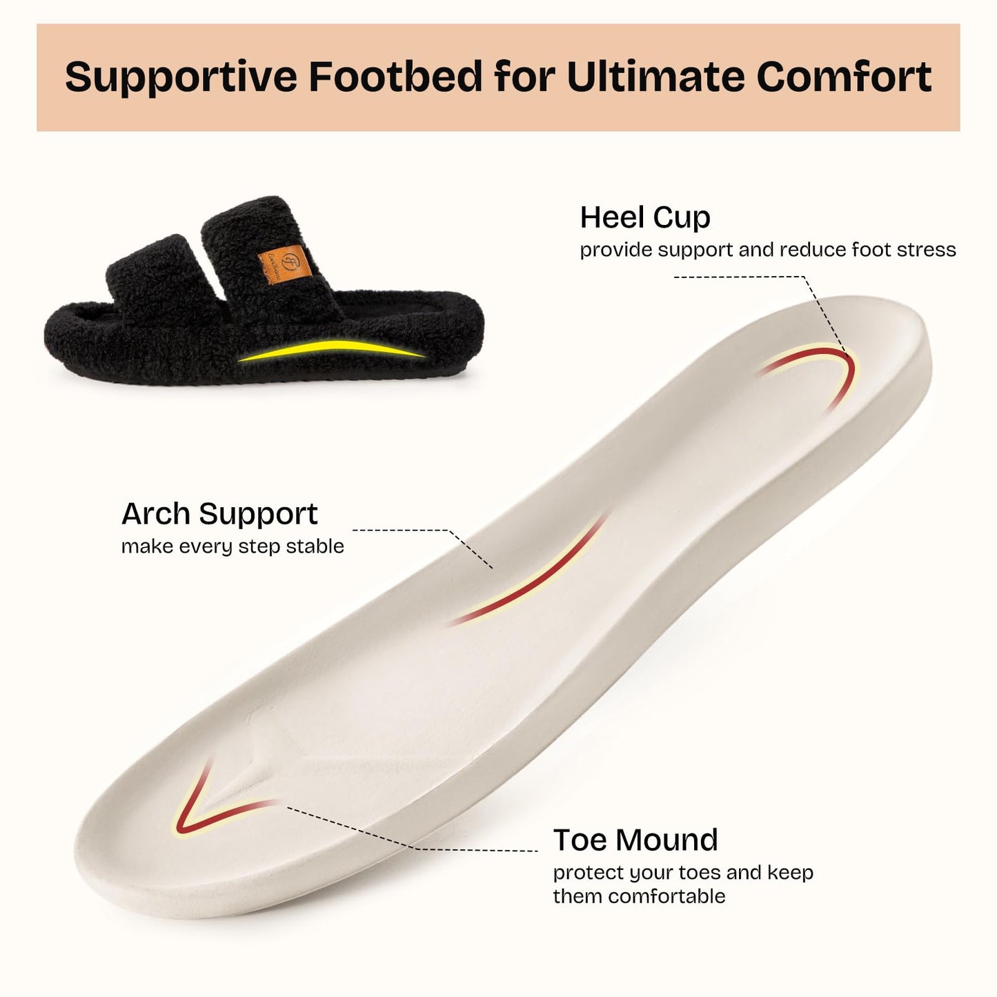 EverFoams Womens Fuzzy Open-toe Slippers Soft Comfy Memory Foam Indoor House Shoes Matt Black,9-10 US