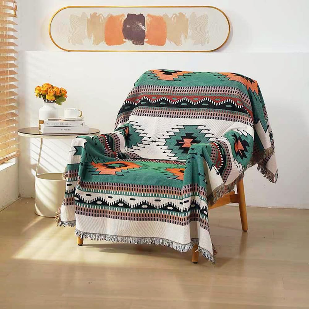 Homesy Boho Throw Blankets Southwestern Bed Throws Cover Reversible Green Aztec Southwest Blanket for Couch Chair Sofa Home Outdoor Beach Car Tent Travel Camping 51"x63"