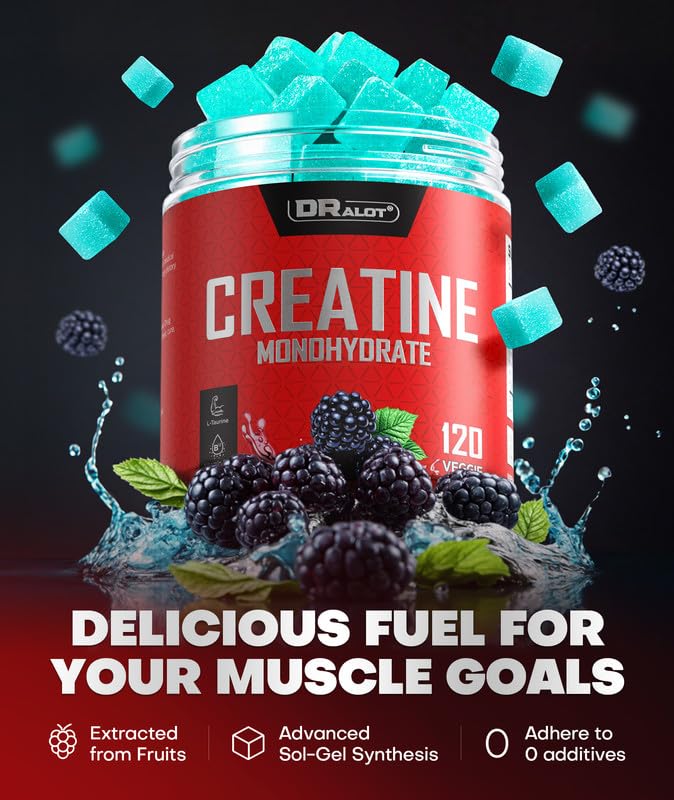 Dralot 99.99% Creatine Monohydrate Gummies More 15% Strength, 5X Energy & Muscle Support Pre-Workout Complex Creatine for Women & Men with 5000mg Creatine, L-Taurine, B12, Mg and K, 0 Sugar, Vegan