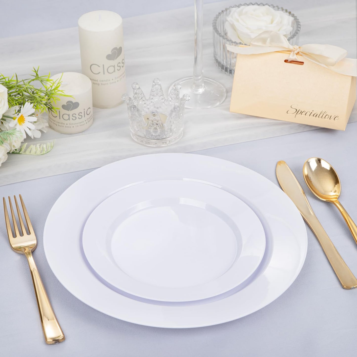 FLOWERCAT 200PCS White Plastic Plates Disposable Plates for Party - Heavy Duty Plastic Plates - 100 10" Dinner Plates and 100 7" Salad Plates for Wedding & New Year Parties and Events