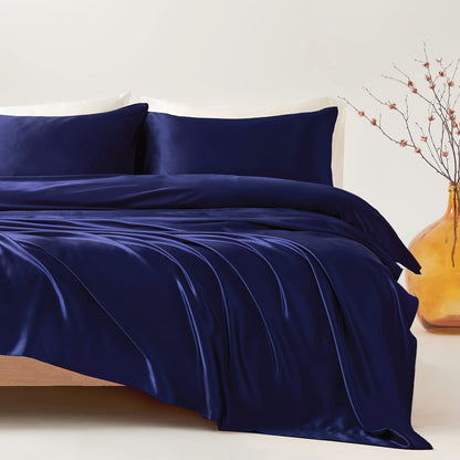 Candoury Satin Sheets Bed Set 4 Pcs, King Size Silky Bedding Set, Soft and Durable Pillowcase, Flat Sheet and Fitted Sheet, Hotel Luxury Bed Sheets Set(King, Navy Blue)