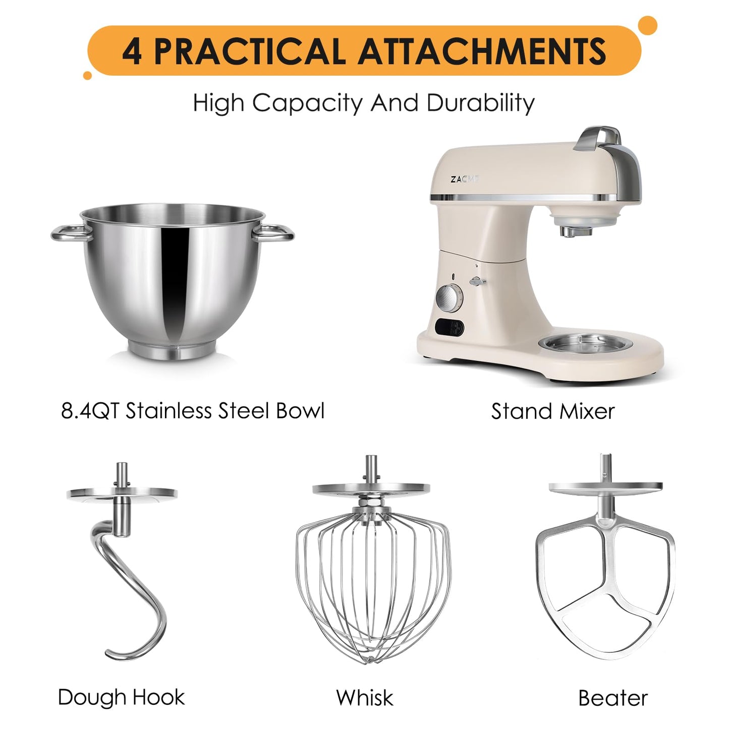 8.4QT Commercial Stand Mixer 800W with Aluminum Die Casting Meets the Standard of NSF/ANSI 8-2023, Mixers Kitchen Electric Stand Mixer with Stainless Steel 8L Bowl, Dough Hook, Whisk and Beater
