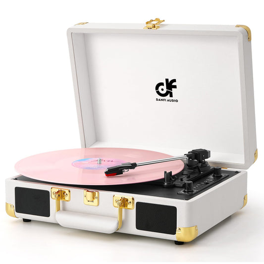 Bluetooth Record Player Vintage 3-Speed Portable Suitcase Turntable with Built-in 2 Speakers, USB Recording Vinyl to Digital, RCA/AUX/Headphone Jack White & Gold