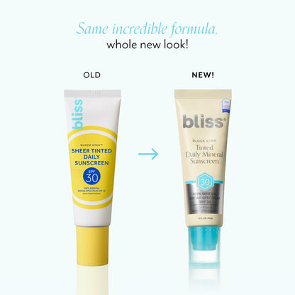 Bliss Block Star SPF 30 Daily Tinted Sunscreen with Zinc Oxide, Sunscreen & Makeup Primer- All Skin Tones - 100% Mineral Broad Spectrum Sunscreen with Titanium Dioxide & Antioxidant Blend,- 1.4 fl oz.