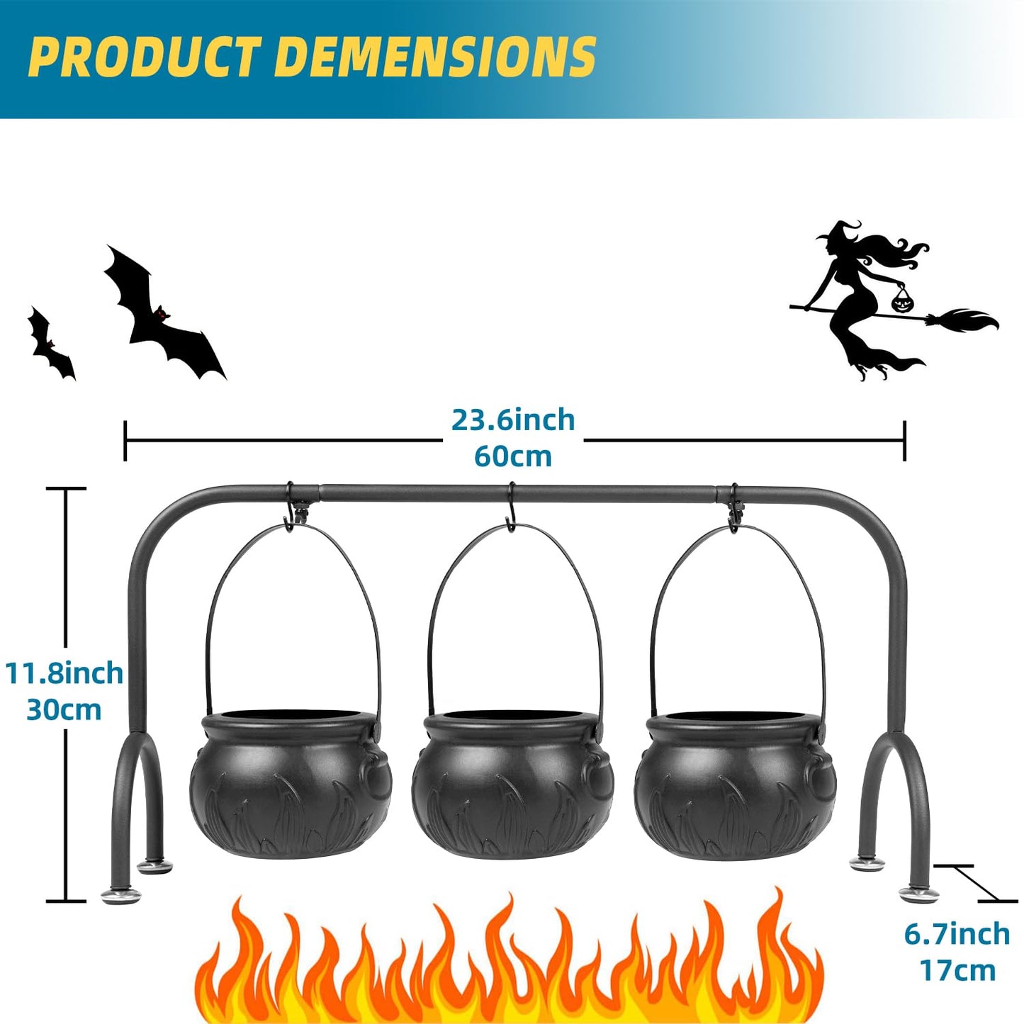 Halloween Party Decorations Indoor,Set of 3 Witches Cauldron Candy Serving Bowls With Rack,Halloween Party Supplies,Black Plastic Candy Cauldron for Table Decor