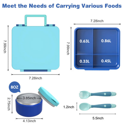 Pawtong Bento Lunch Box with 8oz Soup Thermo, Kids Leakproof Lunch Food Containers with 4 Compartment, Kids Thermo Insulated Hot Food Jar for School, Trvael（Blue