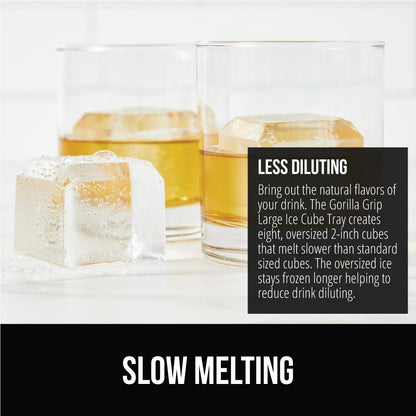 Gorilla Grip Slow Melting Large Silicone Ice Cube Tray for Freezer, 2 Pack, Easy to Push 8 Giant Square Cubes, Use for Cocktails, Iced Coffee, Water Bottle, Frozen Puree, Kitchen Bar Essentials, Black