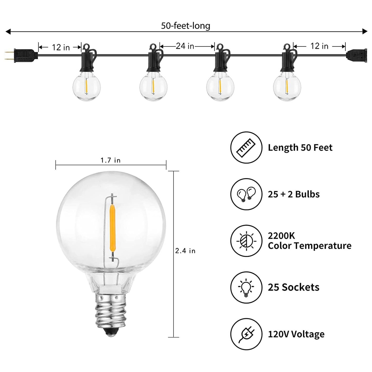 Brightown Outdoor String Lights - Connectable Dimmable LED Patio String Lights with G40 Globe Plastic Bulbs, All Weatherproof Hanging Lights for Outside Backyard Porch (50 ft - 25 LED Bulbs)
