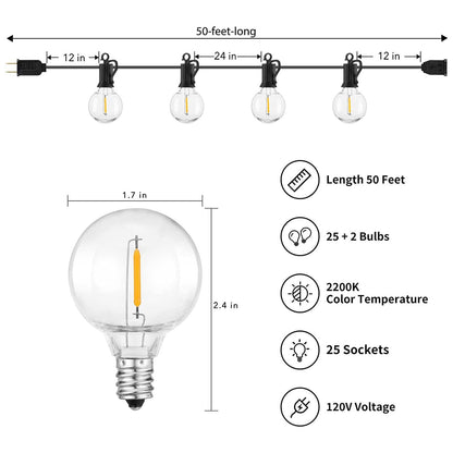 Brightown Outdoor String Lights - Connectable Dimmable LED Patio String Lights with G40 Globe Plastic Bulbs, All Weatherproof Hanging Lights for Outside Backyard Porch (50 ft - 25 LED Bulbs)