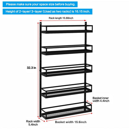 X-cosrack Wall Mount Spice Rack Organizer 5 Tier Height-Adjustable Hanging Spice Shelf Storage for Kitchen Pantry Cabinet, Dual-Use Seasoning Holder Rack with Hooks, Black-Patented
