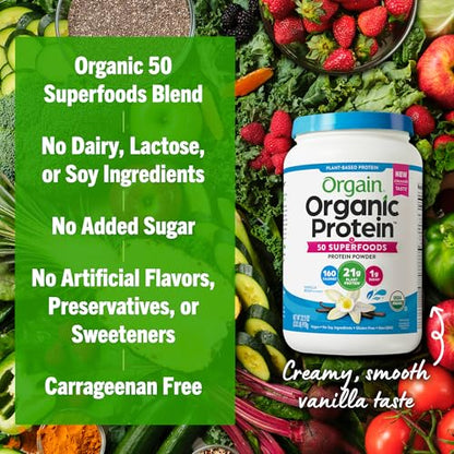 Orgain Organic Vegan Protein + 50 Superfoods Powder, Vanilla Bean - 21g Plant Based Protein, 8g Prebiotic Fiber, No Lactose Ingredients, Gluten Free, No Added Sugar, Non-GMO, 2.02 lb