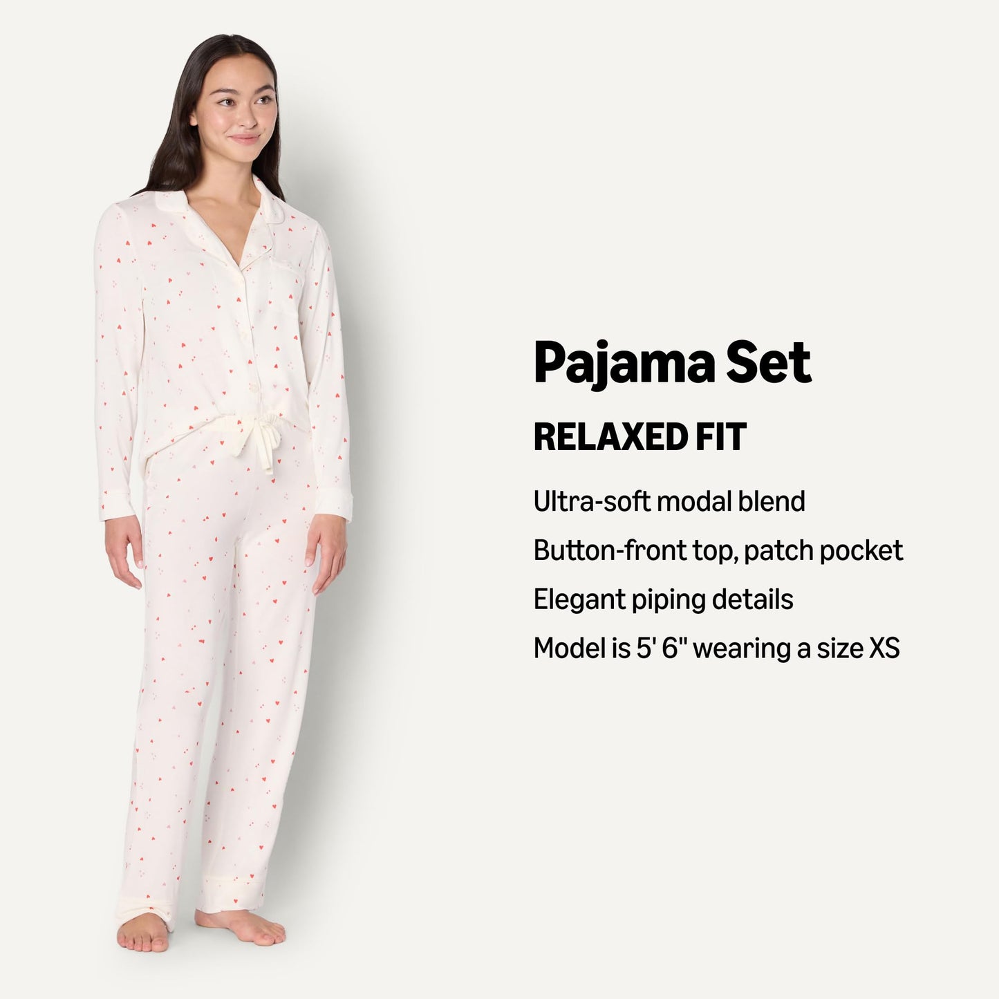 Amazon Essentials x Sofia Grainge Women's Stretch Modal Long-Sleeve and Full-Length Bottom Pajama Set, Ivory Multi Hearts, Medium